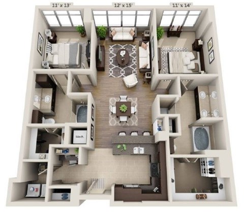 Floor plan for 2 beds, 2 baths, 1315 sqft